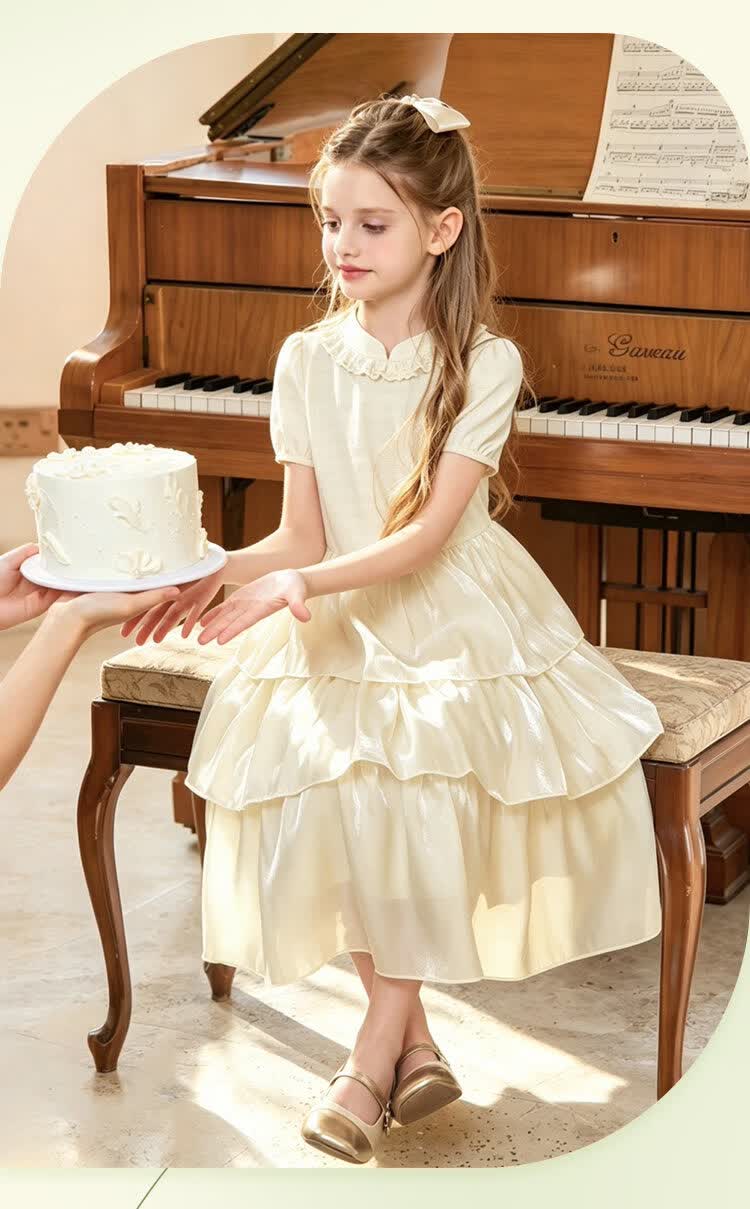 CHANZUIGOU Girls Mousse Cake Princess Dress 26 Summer New Children's Waterdrop Button Mid-Length Satin Dress 3